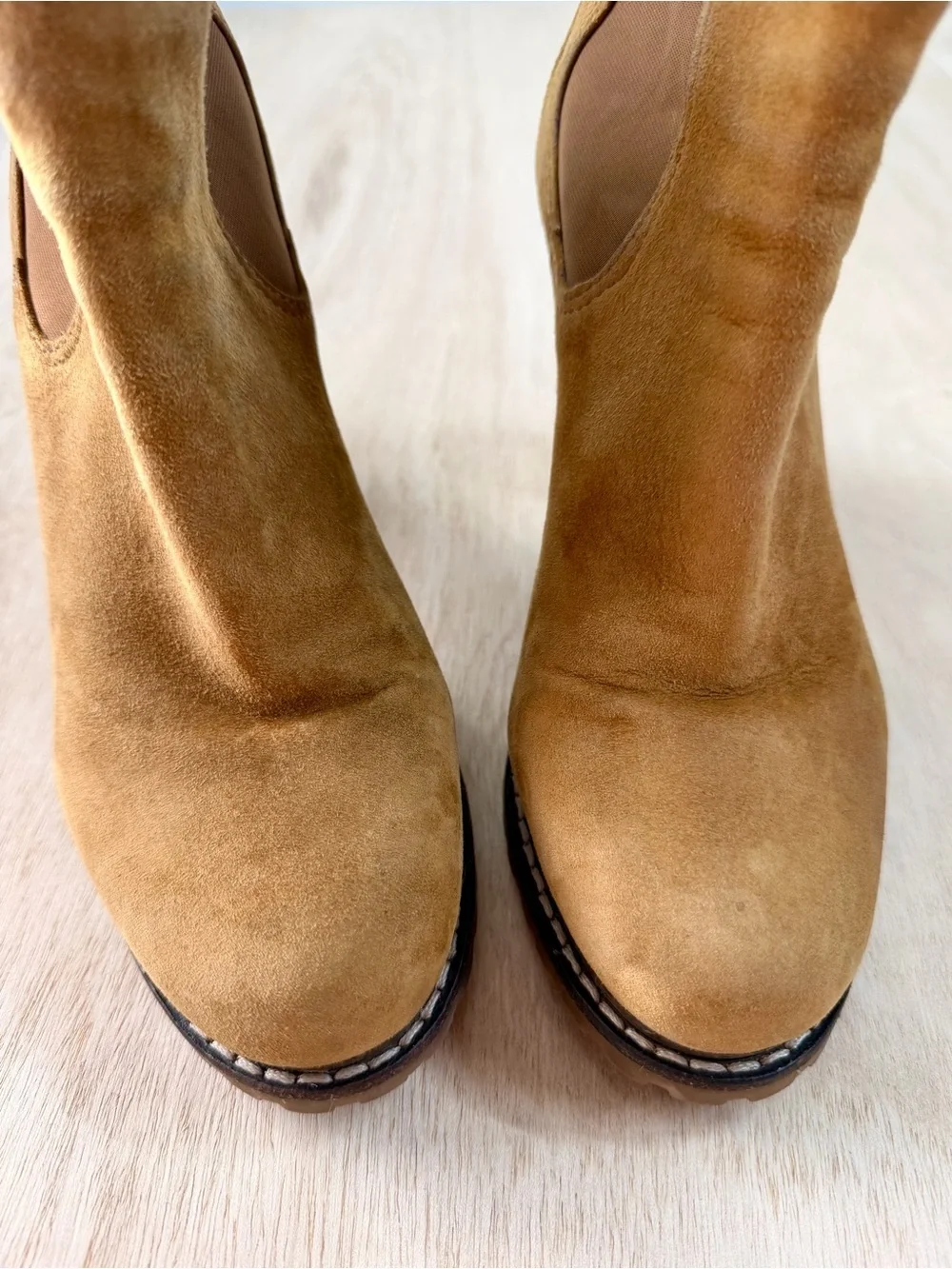 Tory Burch Virginia Luggage Suede Ankle Boots featuring a chunky lug - Size 7.5